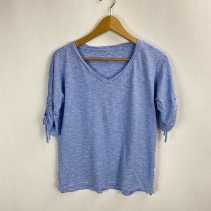 Talbots Ruched Sleeve Blue White Striped Top